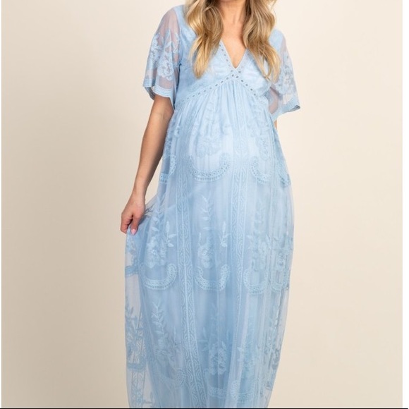 Pinkblush Dresses & Skirts - Light blue lace mesh overlay maternity maxi dress